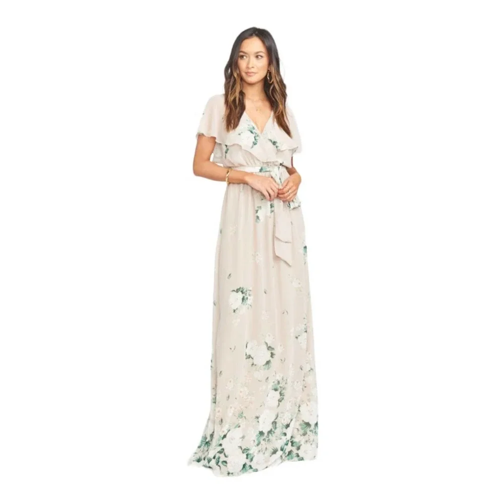 Show me your Mumu Maxi Dress Empire Waist V-neck Short Sleeve Floral Cream M - Picture 1 of 13